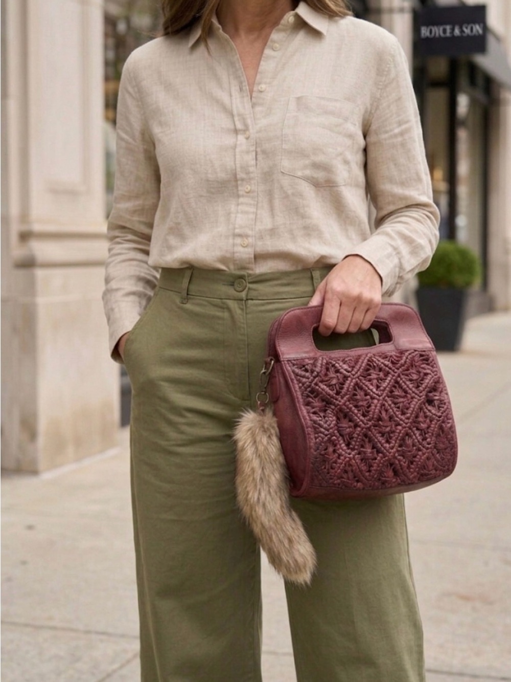 latico Burgundy Knit-Front Mini Top-Handle crossbody Bag with Fur Charm